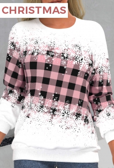 Pink Snowflake Print Long Sleeve Round Neck Sweatshirt