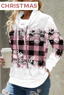 Pink Drawstring Snowflake Print Long Sleeve Sweatshirt