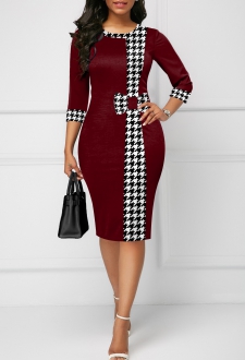 Deep Red Bowknot Houndstooth Print Bodycon Dress