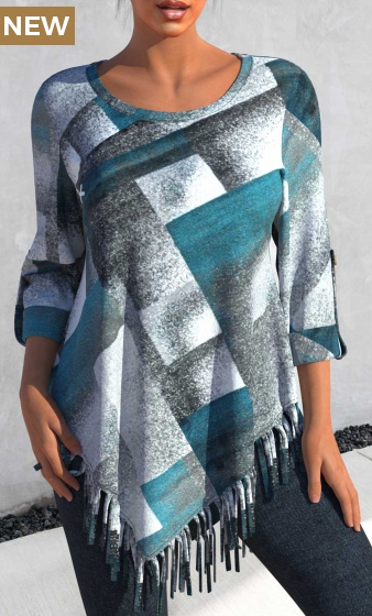 Dusty Blue Tassel Plaid Long Sleeve Blouse