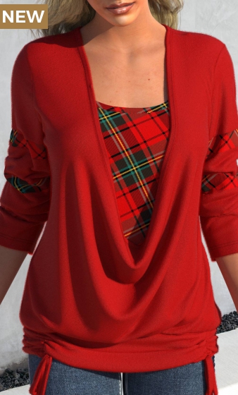 Red Drawstring Plaid Long Sleeve Square Neck Sweatshirt