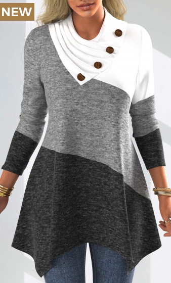 Decorative Button Patchwork Long Sleeve Asymmetrical Neck Sweatshirt