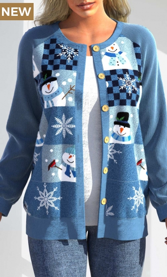 Blue Patchwork Christmas Print Long Sleeve Cardigan