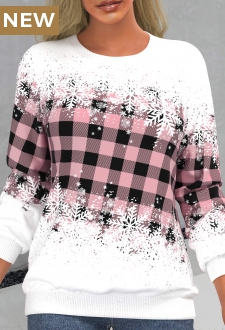 Pink Snowflake Print Long Sleeve Round Neck Sweatshirt