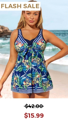 Tropical Print Wide Strap Blue Swimdress Top