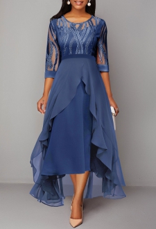 Mesh Stitching Sequin Blue High Low Dress