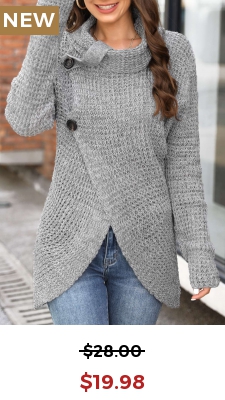 Grey Button Long Sleeve Cowl Neck Sweater