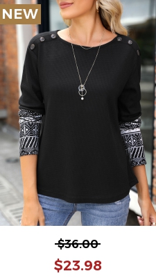 Black Button Tribal Print Long Sleeve T Shirt