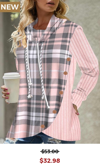 Button Tartan Print Pink Drawstring Sweatshirt