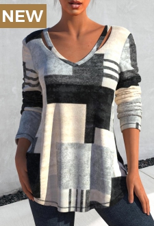 Grey Cut Out Geometric Print T Shirt