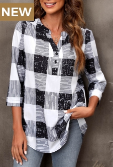 Plaid Split Neck Black 3/4 Sleeve Blouse