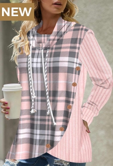 Button Tartan Print Pink Drawstring Sweatshirt