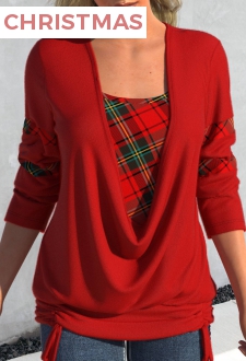 Red Drawstring Plaid Long Sleeve Square Neck Sweatshirt