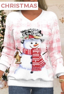 Pink Christmas Print Long Sleeve V Neck Sweatshirt