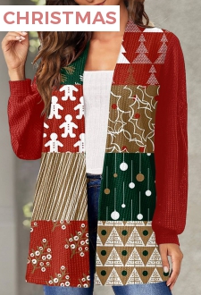 Red Christmas Geometric Print Long Sleeve Cardigan