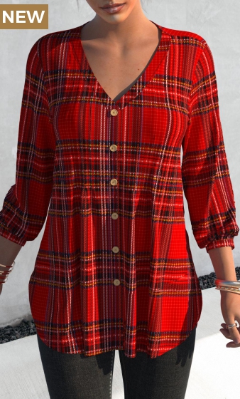 Red Tuck Stitch Tartan Print Blouse