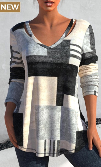 Grey Cut Out Geometric Print T Shirt