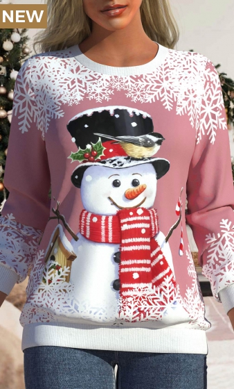 Pink Christmas Snowflake Print Long Sleeve Sweatshirt