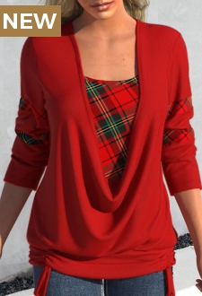 Red Drawstring Plaid Long Sleeve Square Neck Sweatshirt
