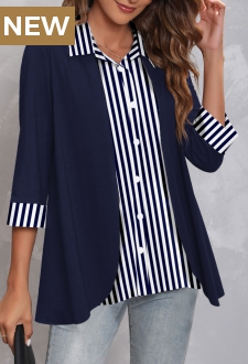 Striped Faux Two Piece Navy Button Up Blouse
