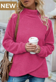 Pink Zipper Long Sleeve High Neck Sweatshirt