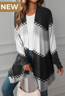 Black Geometric Print Open Front Lightweight Cardigan