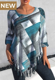Dusty Blue Tassel Plaid Long Sleeve Blouse