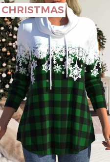 Green Drawstring Snowflake Print Long Sleeve Sweatshirt