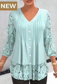 Cyan Lace Patchwork Three Quarter Length Sleeve Blouse