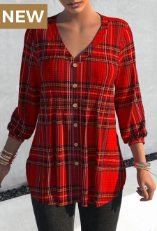 Red Tuck Stitch Tartan Print Blouse