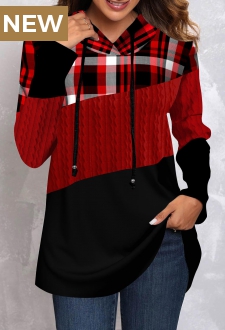 Red Twisted Tartan Print Long Sleeve Hoodie