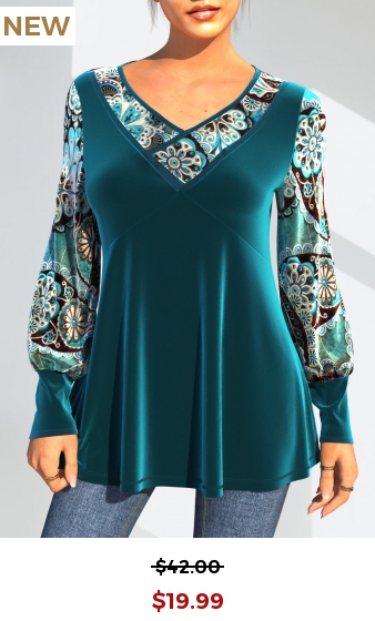 Tribal Print Velvet Stitching Peacock Blue T Shirt