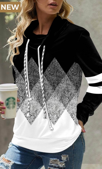 Black Geometric Print Long Sleeve Cowl Neck Sweatshirt