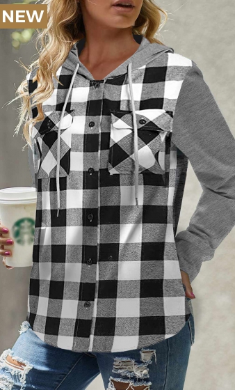 Black Pocket Tartan Print Long Sleeve Hoodie