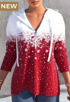 Red Zipper Christmas Snowflake Print Long Sleeve Hoodie