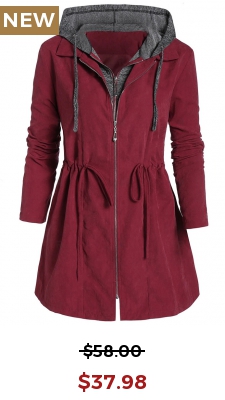 Wine Red Drawstring Plus Size Long Sleeve Coat