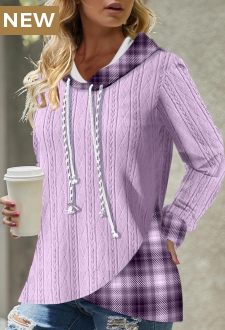 Light Purple Asymmetric Hem Tartan Print Hoodie