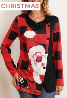 Decorative Button Christmas Print Long Sleeve T Shirt