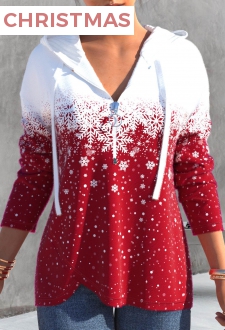 Red Zipper Christmas Snowflake Print Long Sleeve Hoodie