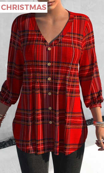 Red Tuck Stitch Tartan Print Blouse