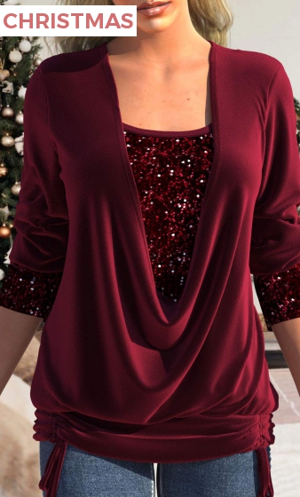 Wine Red Sequin Long Sleeve T Shirt