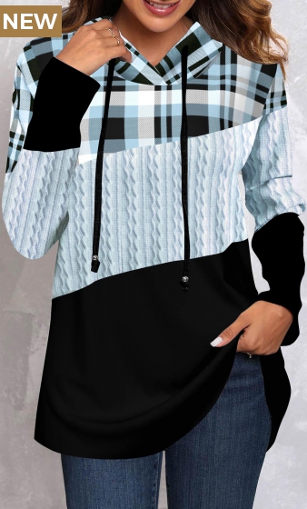 Light Blue Twisted Tartan Print Long Sleeve Hoodie
