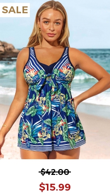Tropical Print Wide Strap Blue Swimdress Top