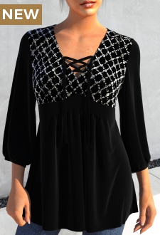 Black Sequin 3/4 Sleeve V Neck Blouse