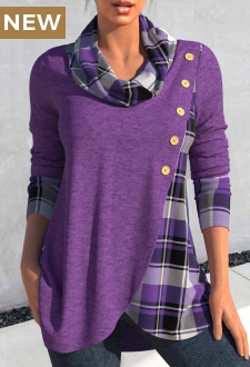Dusty Purple Cross Hem Tartan Print Sweatshirt