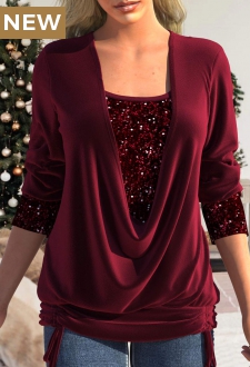 Wine Red Sequin Long Sleeve T Shirt