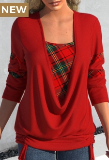 Red Drawstring Plaid Long Sleeve Square Neck Sweatshirt