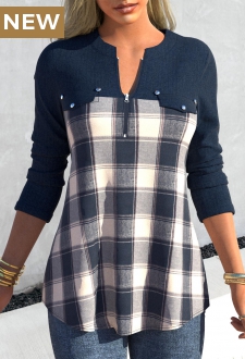 Denim Blue Zipper Tartan Print Long Sleeve Blouse