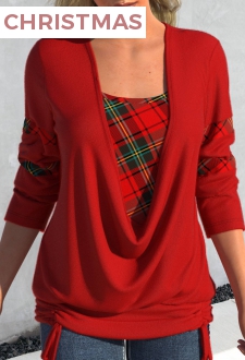 Red Drawstring Plaid Long Sleeve Square Neck Sweatshirt