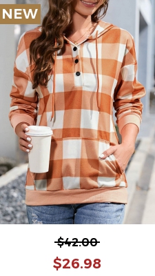 Orange Pocket Plaid Long Sleeve Hoodie